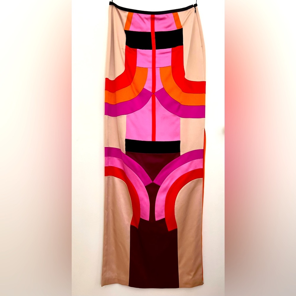 Tom Ford Rare Runway Colorblock Silk And Velvet Maxi Skirt, Side Slit Size IT40